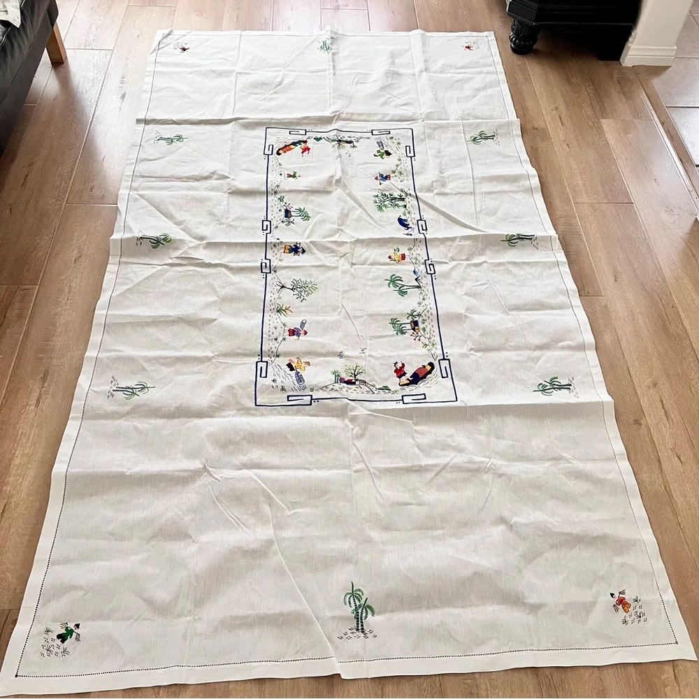 Antique Oriental Country Lifestyle Hand Embroidered Tablecloth 95” X 53” Mint